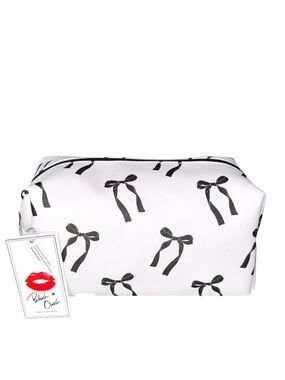 Blush Crush White Cosmetic Zip Top Pouch with Black Bow Print
